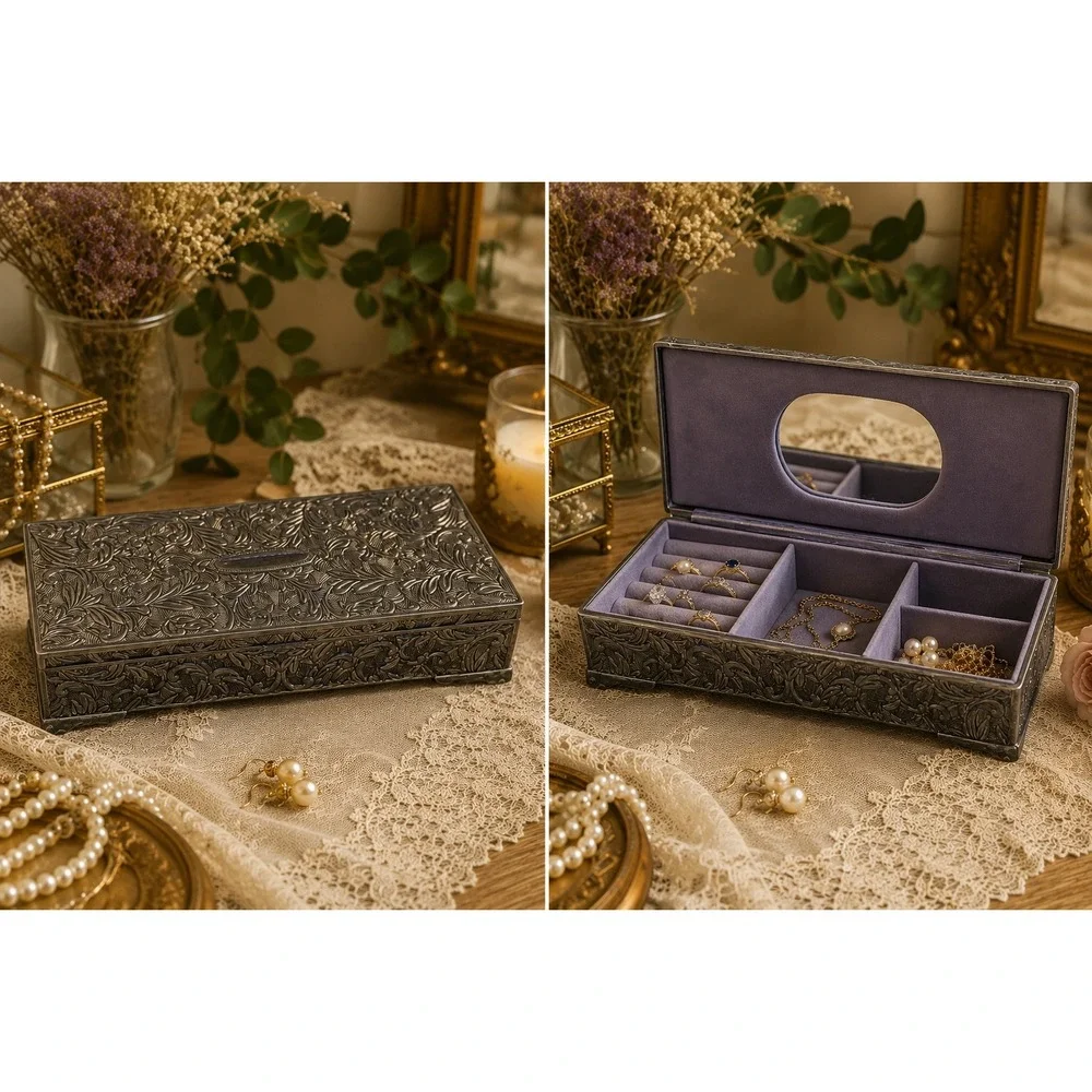 Godinger Silver Plated Jewelry Box Embossed Floral Mirror Velvet Lined Vintage